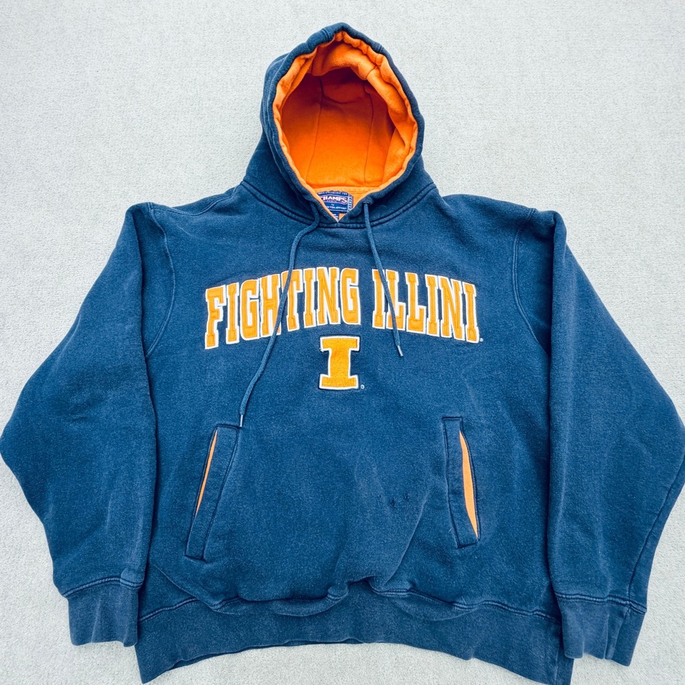 Vintage Y2K Champs Fighting Illini Hoodie Navy Blue Orange Unisex Medium